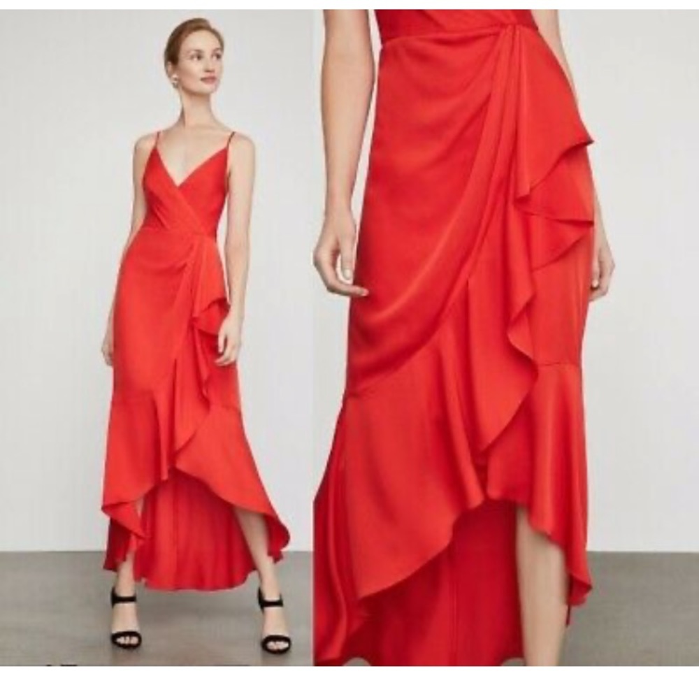 BCBG MAXAZRIA Faux Wrap Ruched Ruffle Dress